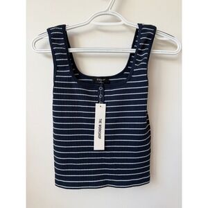 The Work Shop Navy Blue White Striped Ribbed Henley Tank Top Square Neck ML NEW